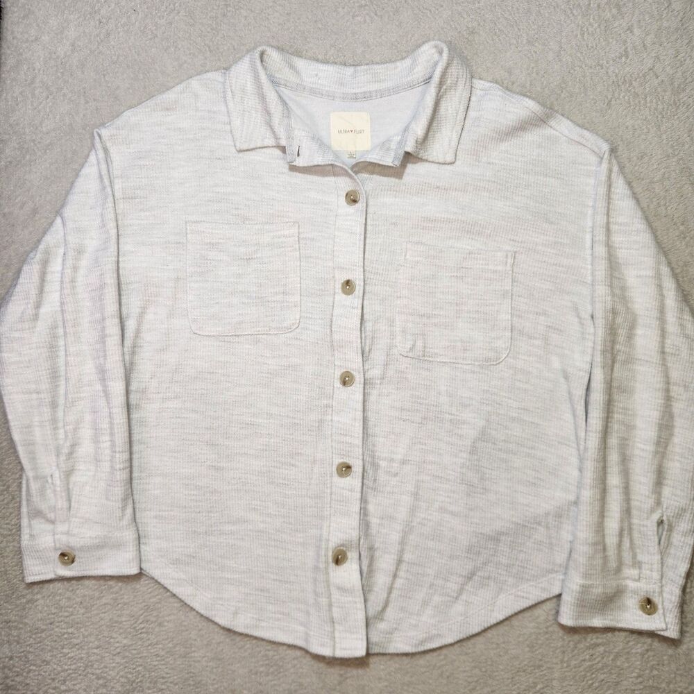 Womens L White Heathered Button-Front Shirt Long Sleeve Pockets Soft Lightweight